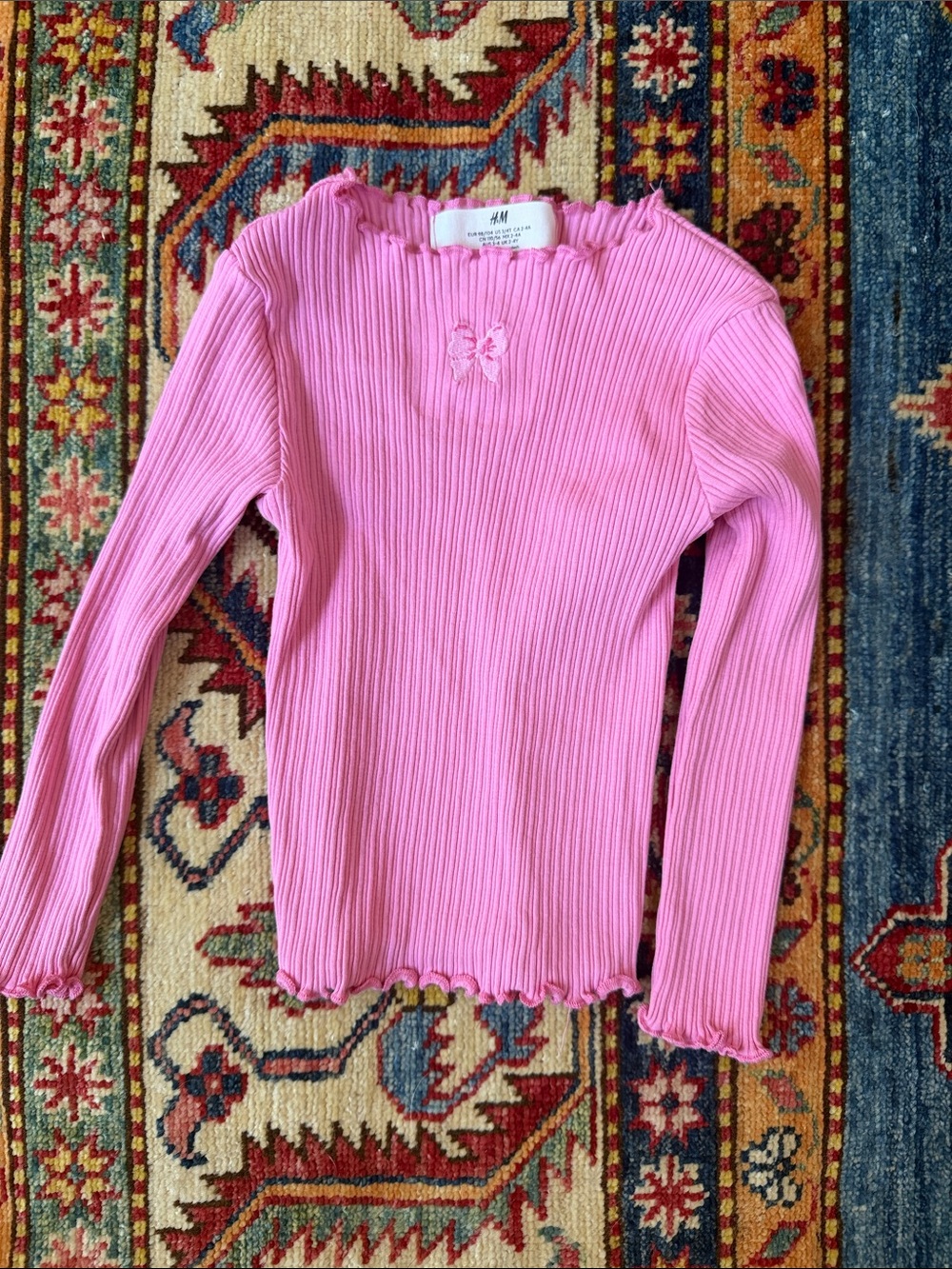H&M Pink Ribbed Long Sleeve Top with Butterfly Detail